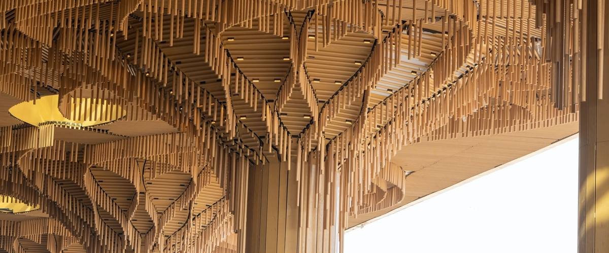 Sculpted bamboo ceiling at Guwahati international airport