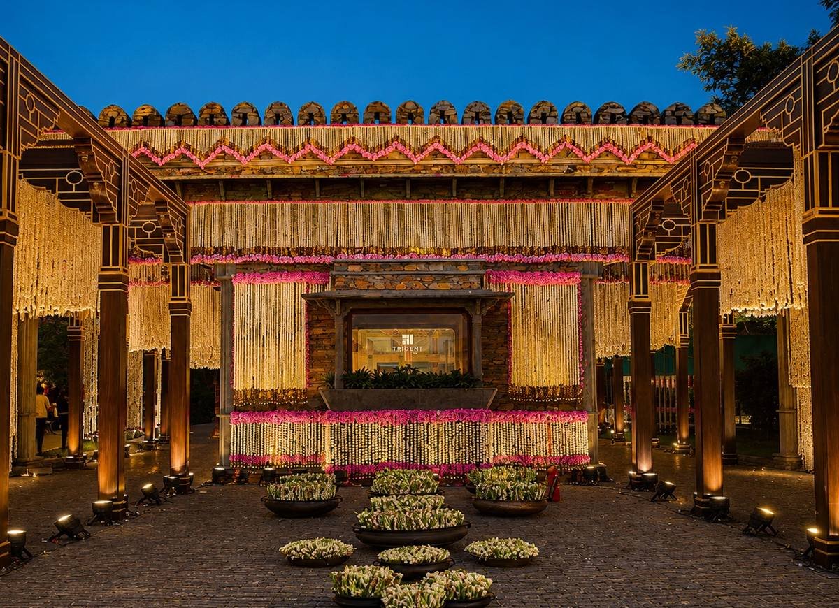 Floral entrance pavilion at the Isha Ambani and Anand Piramal wedding