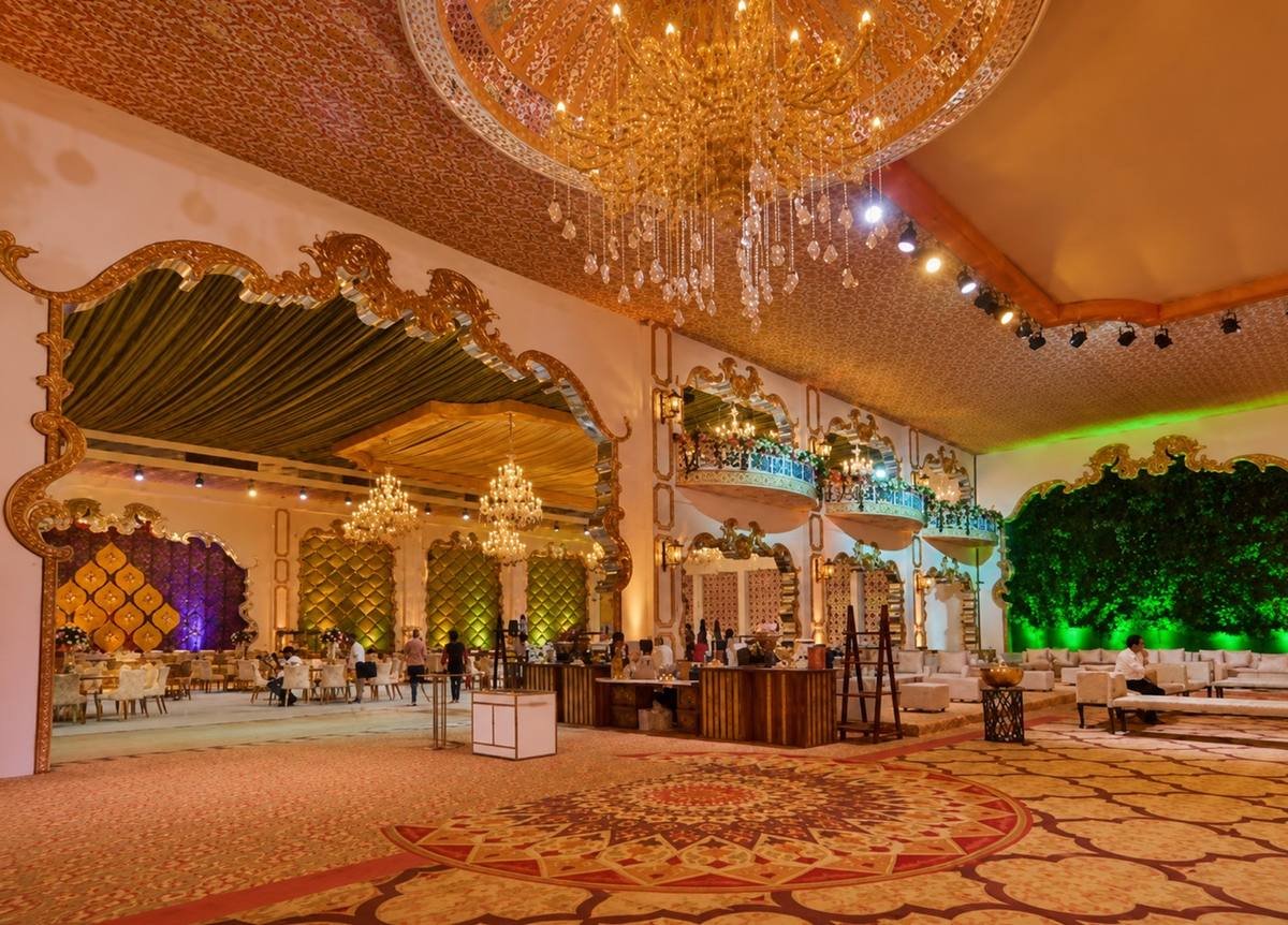 Vintage banquet hall with mirrored arches